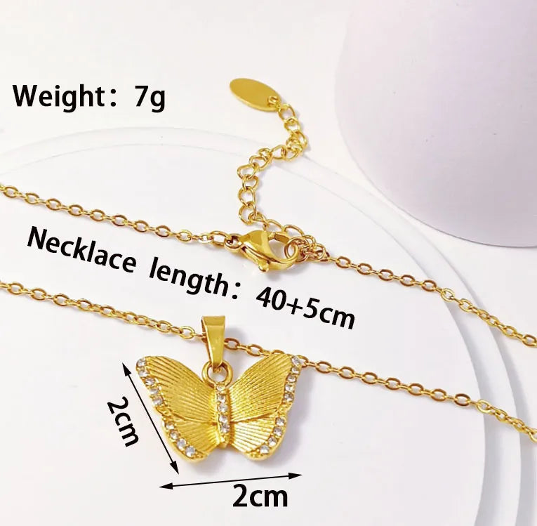 304 Stainless Steel Titanium Steel 18K Gold Plated Elegant Basic Simple Style Plating Inlay Solid Color Butterfly Rhinestones Pendant Necklace