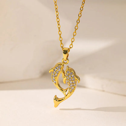 304 Stainless Steel 18K Gold Plated Elegant Artistic Commute Polishing Inlay Moon Dolphin Bow Knot Acrylic Artificial Rhinestones Pendant Necklace