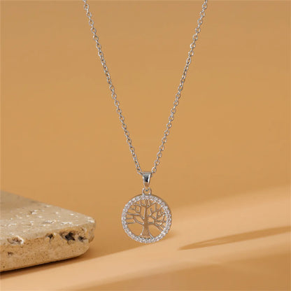 304 Stainless Steel Titanium Steel White Gold Plated Simple Style Plating Inlay Life Tree Zircon Pendant Necklace