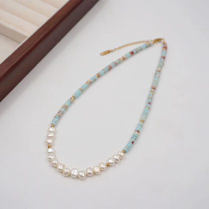 304 Stainless Steel Turquoise Freshwater Pearl Gold Plated Casual Simple Style Classic Style Beaded Handmade Geometric Necklace