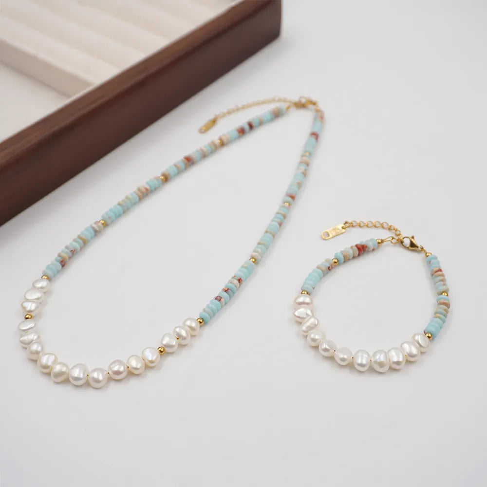 304 Stainless Steel Turquoise Freshwater Pearl Gold Plated Casual Simple Style Classic Style Beaded Handmade Geometric Necklace