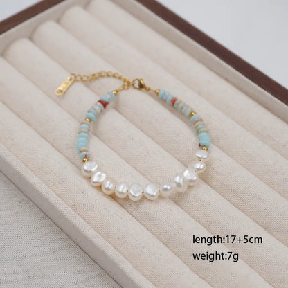 304 Stainless Steel Turquoise Freshwater Pearl Gold Plated Casual Simple Style Classic Style Beaded Handmade Geometric Necklace