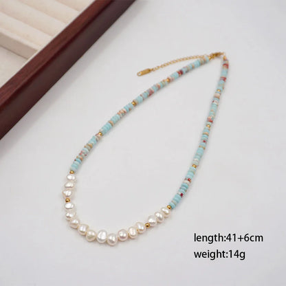 304 Stainless Steel Turquoise Freshwater Pearl Gold Plated Casual Simple Style Classic Style Beaded Handmade Geometric Necklace