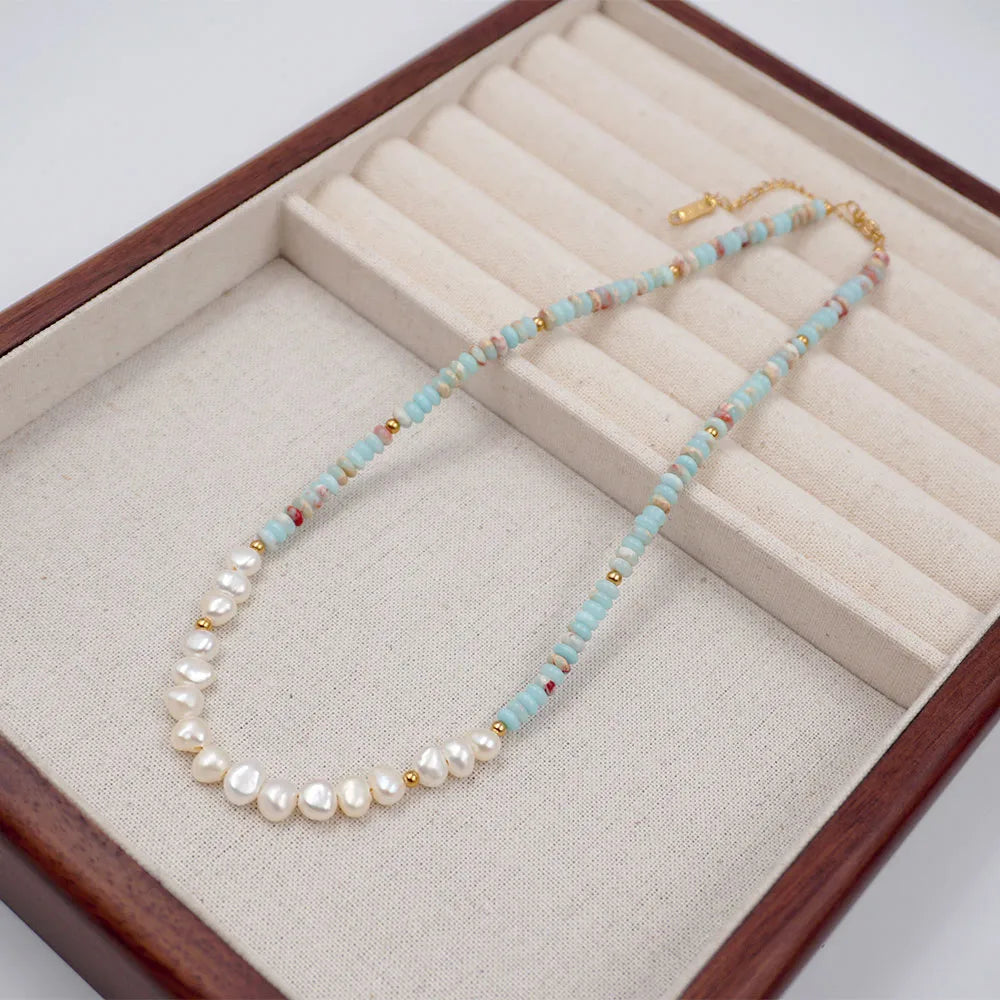 304 Stainless Steel Turquoise Freshwater Pearl Gold Plated Casual Simple Style Classic Style Beaded Handmade Geometric Necklace