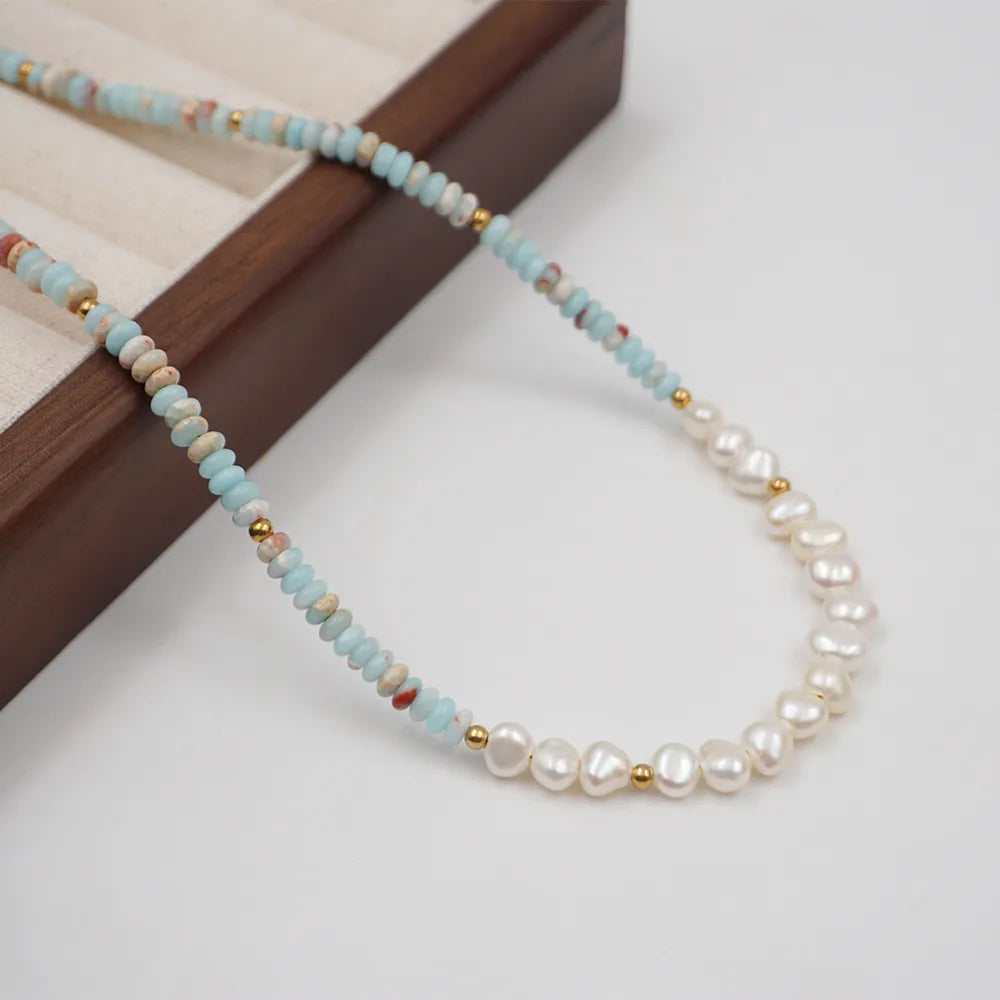 304 Stainless Steel Turquoise Freshwater Pearl Gold Plated Casual Simple Style Classic Style Beaded Handmade Geometric Necklace