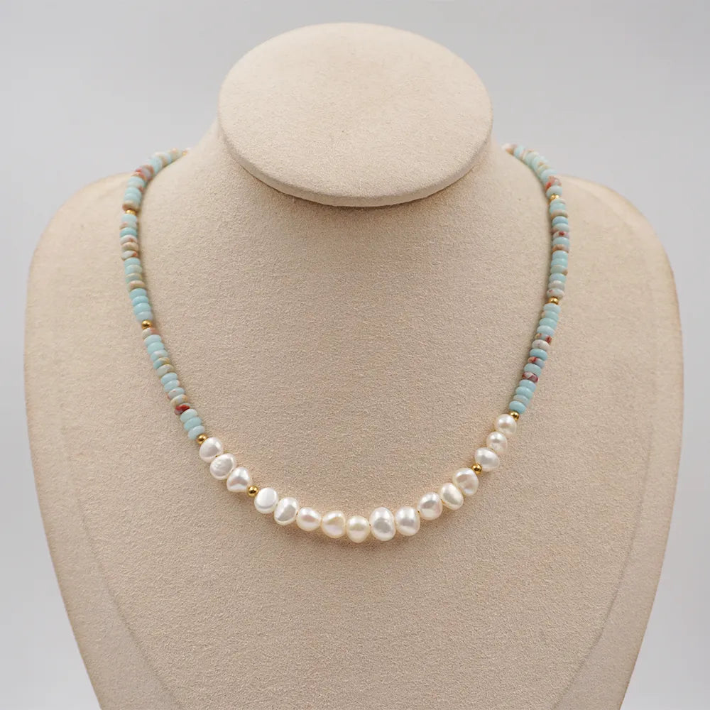 304 Stainless Steel Turquoise Freshwater Pearl Gold Plated Casual Simple Style Classic Style Beaded Handmade Geometric Necklace