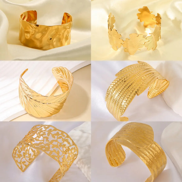 Vintage Style Roman Style Stripe Leaves Flower 304 Stainless Steel 18K Gold Plated Bangle In Bulk