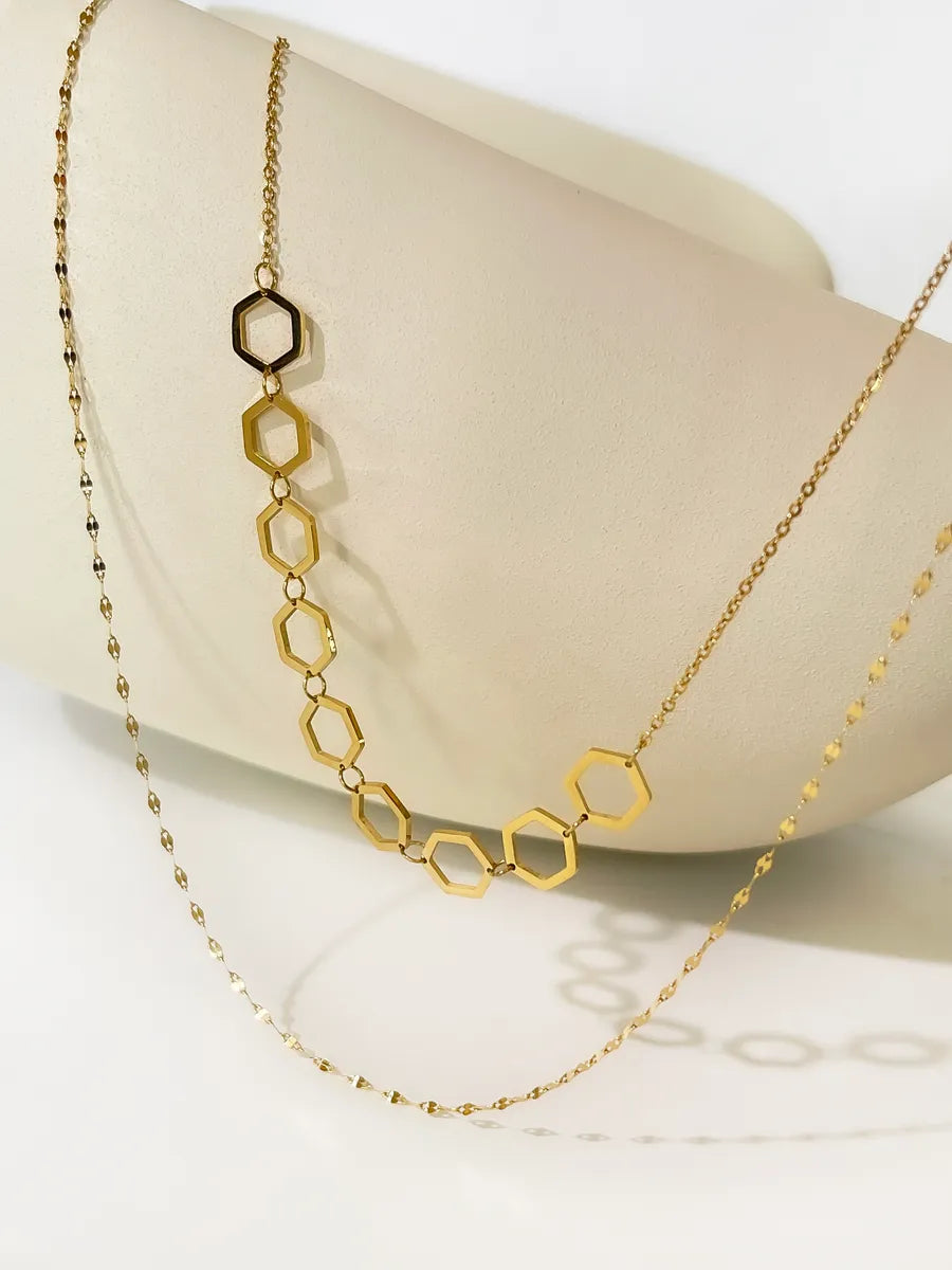 316 Stainless Steel  18K Gold Plated Lady Simple Style Hexagon Double Layer Necklaces