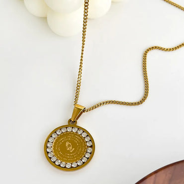 316 Stainless Steel  18K Gold Plated Plating Inlay Round Rhinestones Pendant Necklace