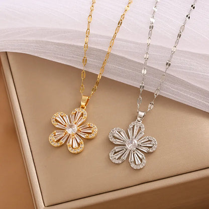 316 Stainless Steel  Copper 18K Gold Plated Elegant Simple Style Plating Leaf Zircon Pendant Necklace