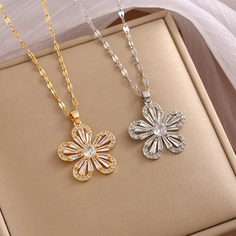 316 Stainless Steel  Copper 18K Gold Plated Elegant Simple Style Plating Leaf Zircon Pendant Necklace