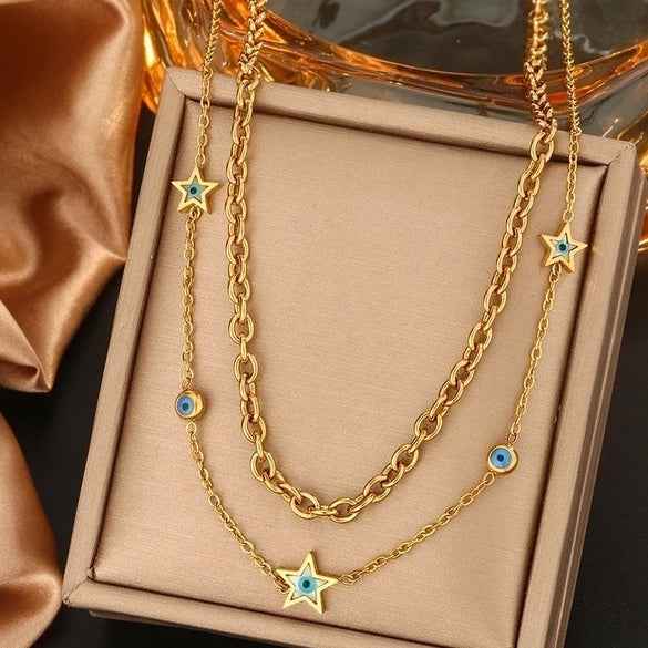 316L Stainless Steel  18K Gold Plated Vintage Style Commute Plating Inlay Devil's Eye Star Moon Turquoise Rhinestones Layered Necklaces