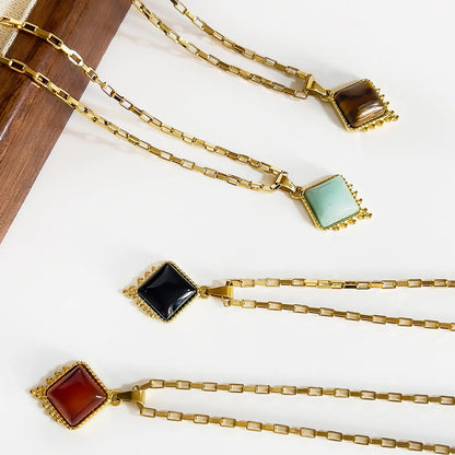 Wholesale Jewelry Retro Classic Style Rhombus 316L Stainless Steel  Natural Stone 18K Gold Plated Irregular Inlay Pendant Necklace