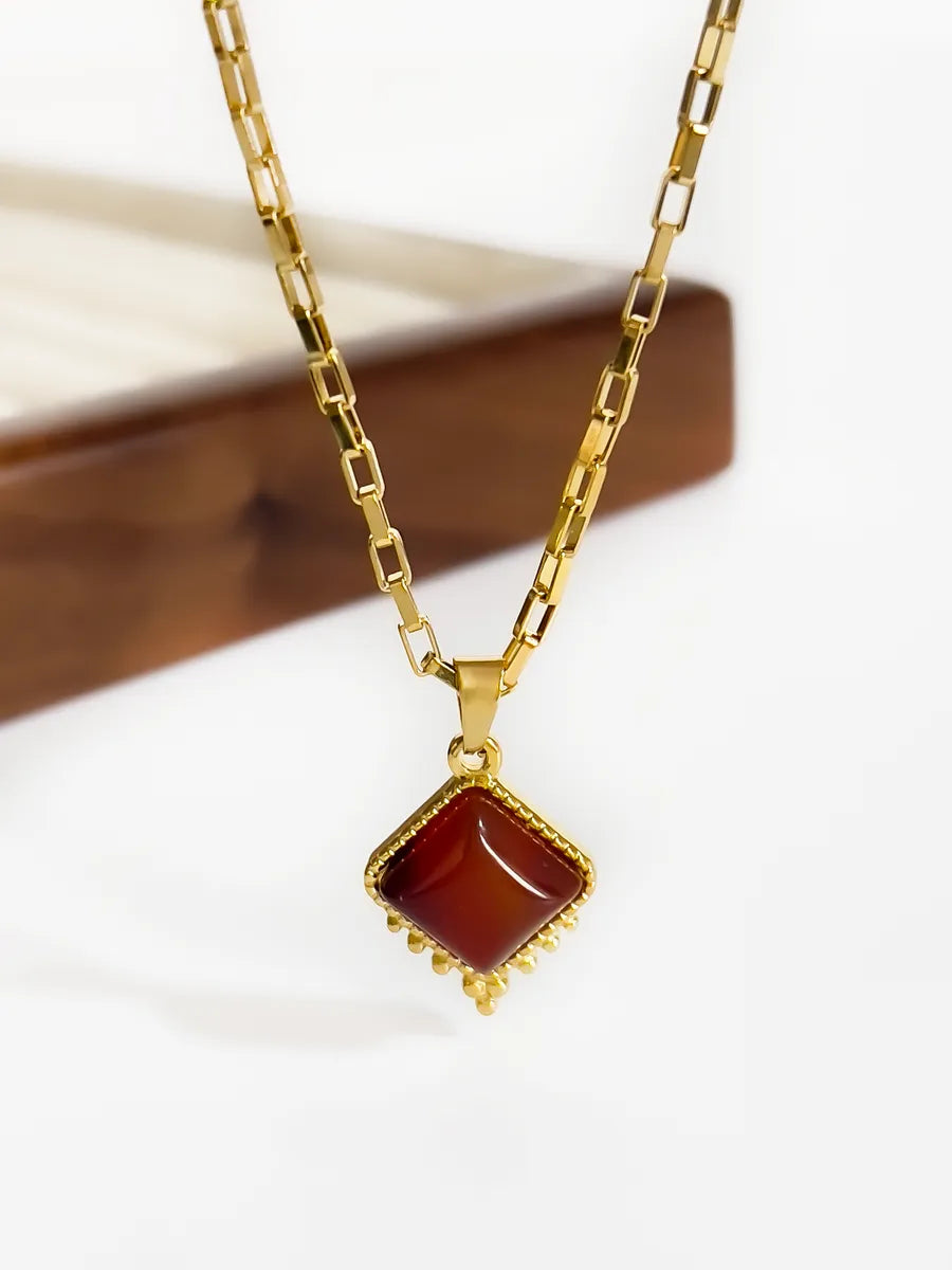 Wholesale Jewelry Retro Classic Style Rhombus 316L Stainless Steel  Natural Stone 18K Gold Plated Irregular Inlay Pendant Necklace