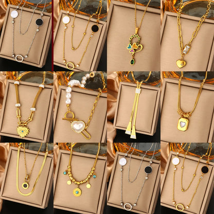 Wholesale Jewelry Retro Commute Round Devil'S Eye Heart Shape 304 Stainless Steel Artificial Pearls Turquoise Zircon 18K Gold Plated Plating Inlay Double Layer Necklaces