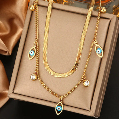 Wholesale Jewelry Vintage Style Commute Devil'S Eye Star Moon 304 Stainless Steel Turquoise Rhinestones Shell 18K Gold Plated Plating Inlay Layered Necklaces