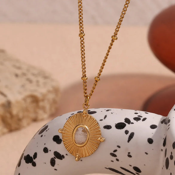 316L Stainless Steel  18K Gold Plated Vintage Style Simple Style Classic Style Plating Inlay Geometric Artificial Crystal Natural Stone Pendant Necklace