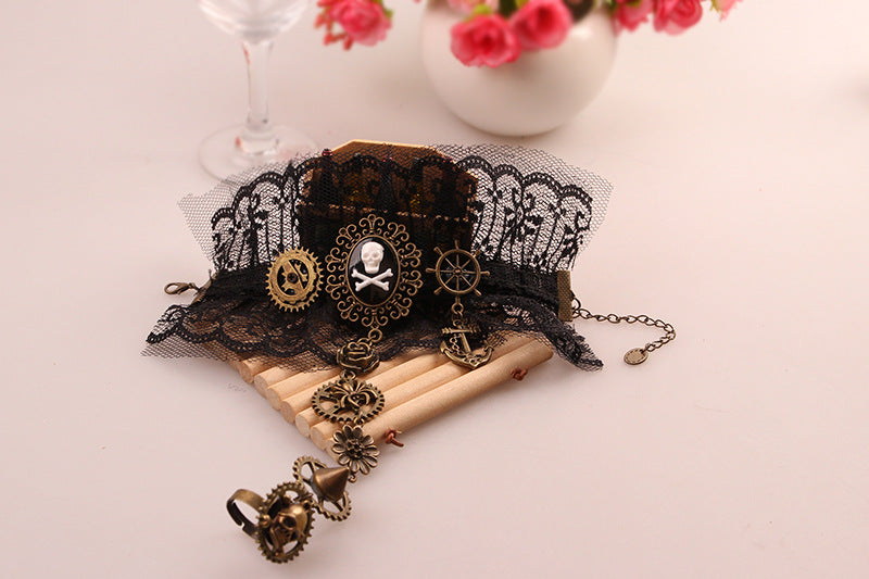 Vintage Style Punk Flower Skull Gear Alloy Lace Wholesale Bracelets