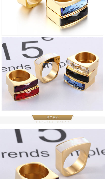 Foreign Trade Wholesale European And American Stainless Steel Golden Rectangular Six-color Glass Ring