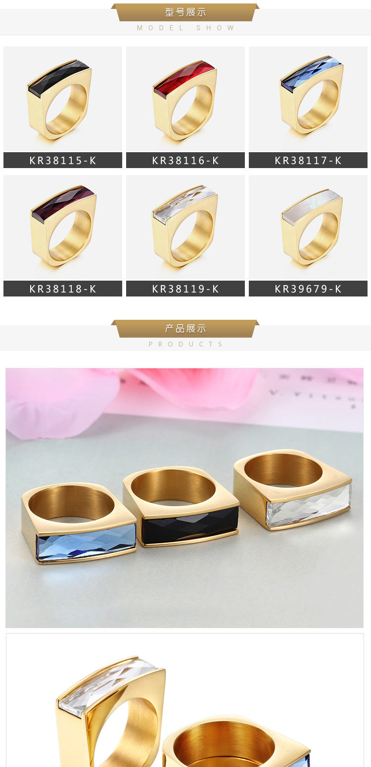 Foreign Trade Wholesale European And American Stainless Steel Golden Rectangular Six-color Glass Ring