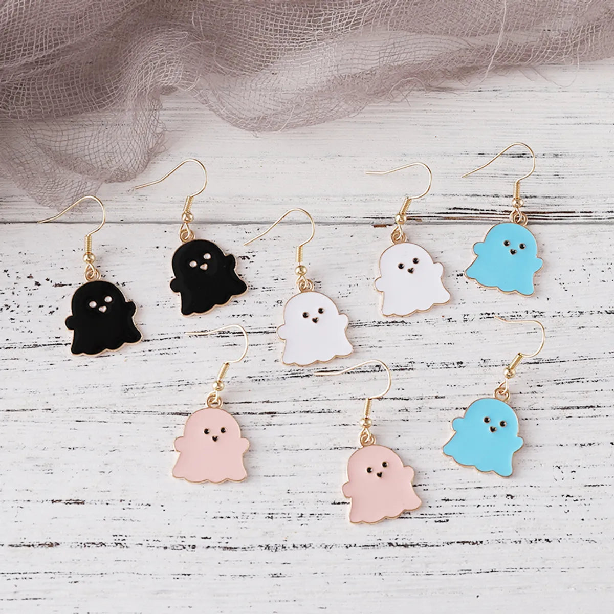 4 Pairs Cute Ghost Enamel Alloy Drop Earrings