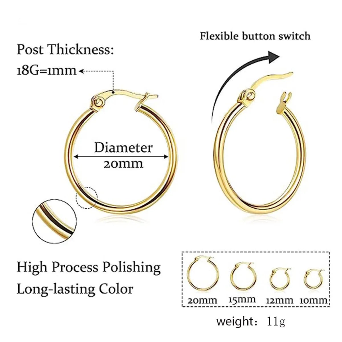 4 Pairs Elegant Simple Style Solid Color Plating Stainless Steel 14k Gold Plated Earrings