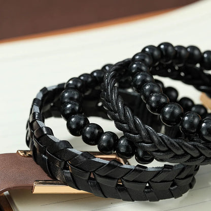 4 Piece Set Casual Round Beaded Pu Leather Men'S Bracelets