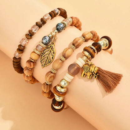 4 Piece Set Ethnic Style Leaf Tassel Elephant Alloy Wood Beaded Women's Bracelets