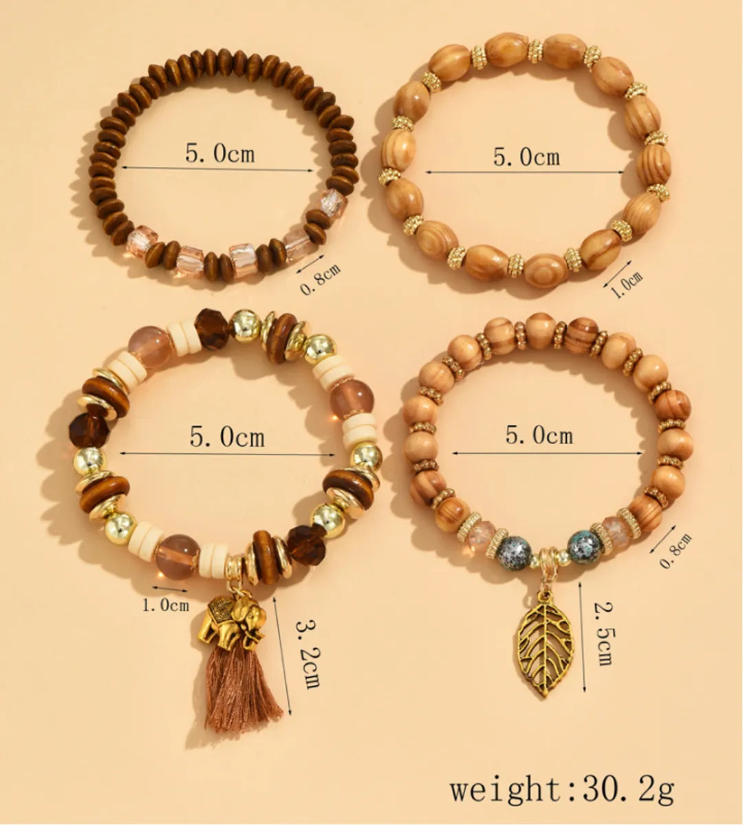 4 Piece Set Ethnic Style Leaf Tassel Elephant Alloy Wood Beaded Women's Bracelets