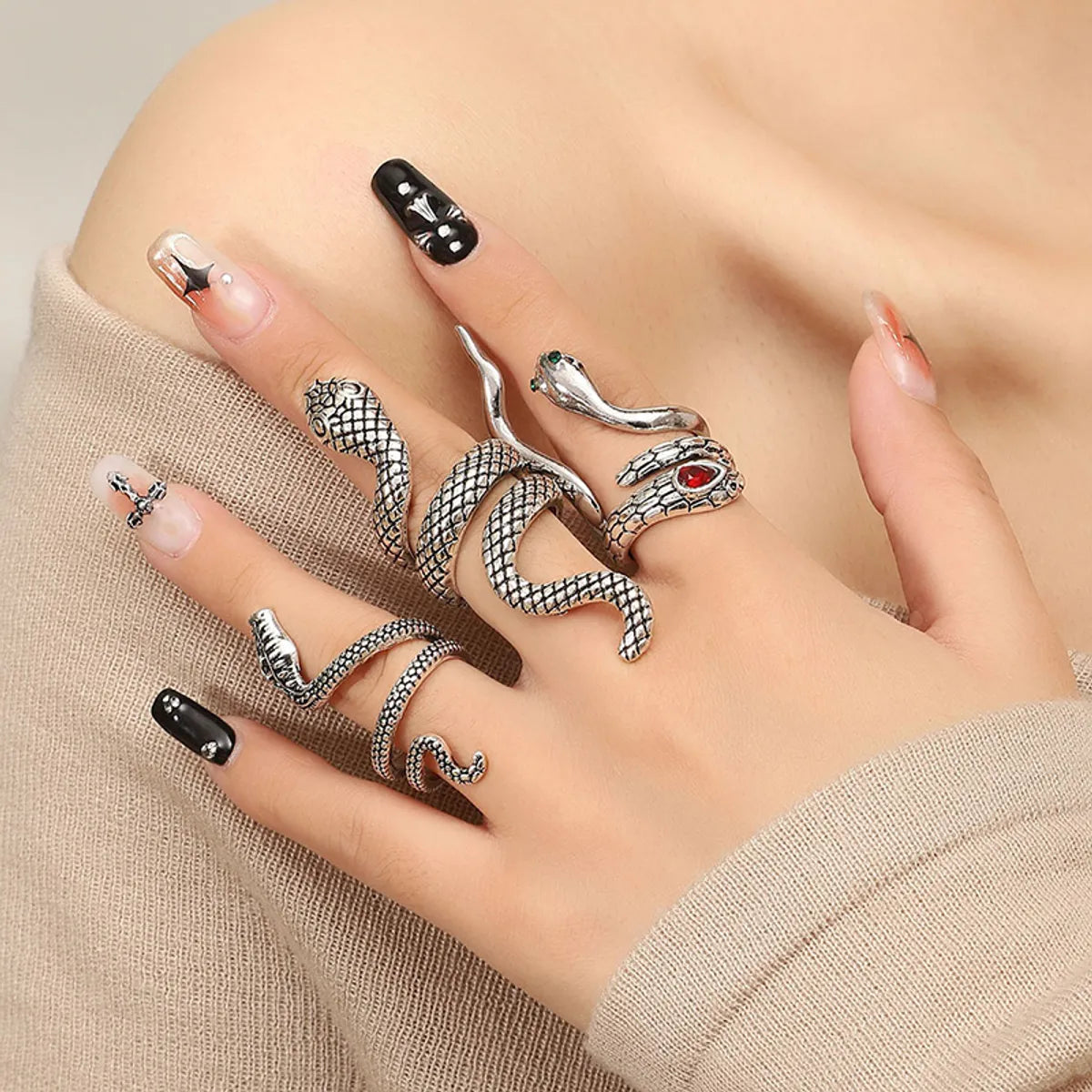 Punk Snake Alloy Inlay Rhinestones Silver Plated Women's Open Ring