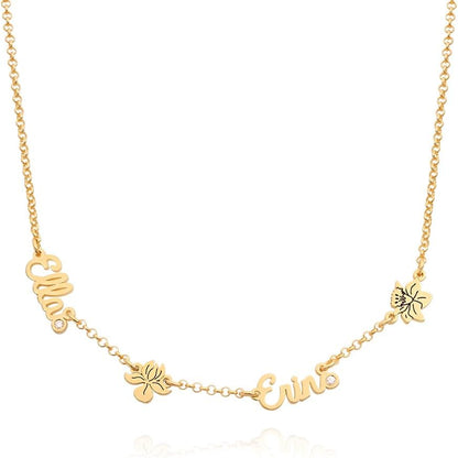 Personalized Blooming Birth Flower Multi Family Name Necklace with Birthstones or Diamonds