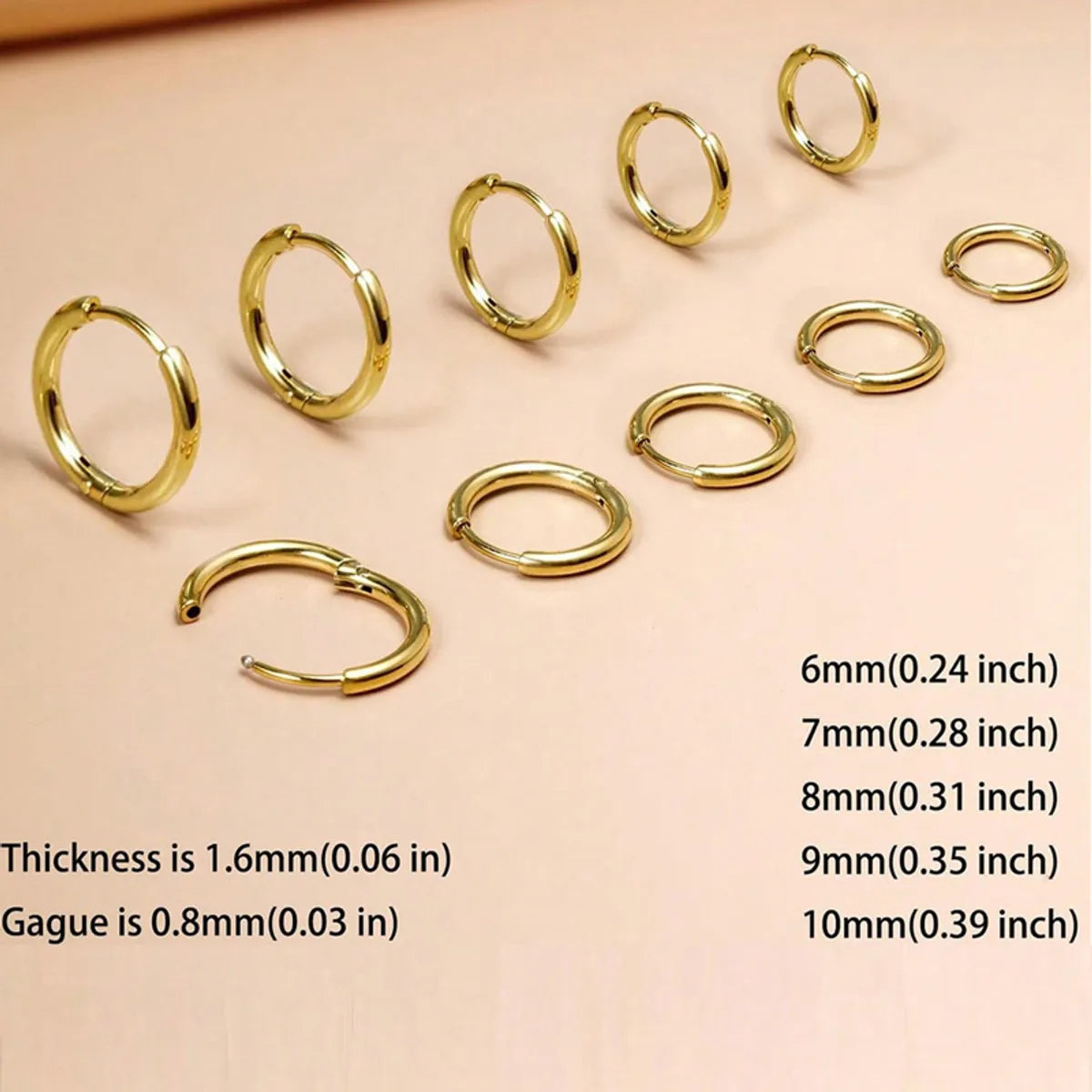 5 Pairs Basic Round Plating 304 Stainless Steel 14K Gold Plated Cartilage Earrings