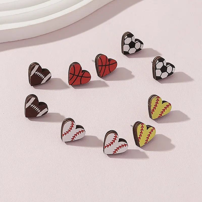 5 Pairs Casual Sports Basketball Football Wood Ear Studs