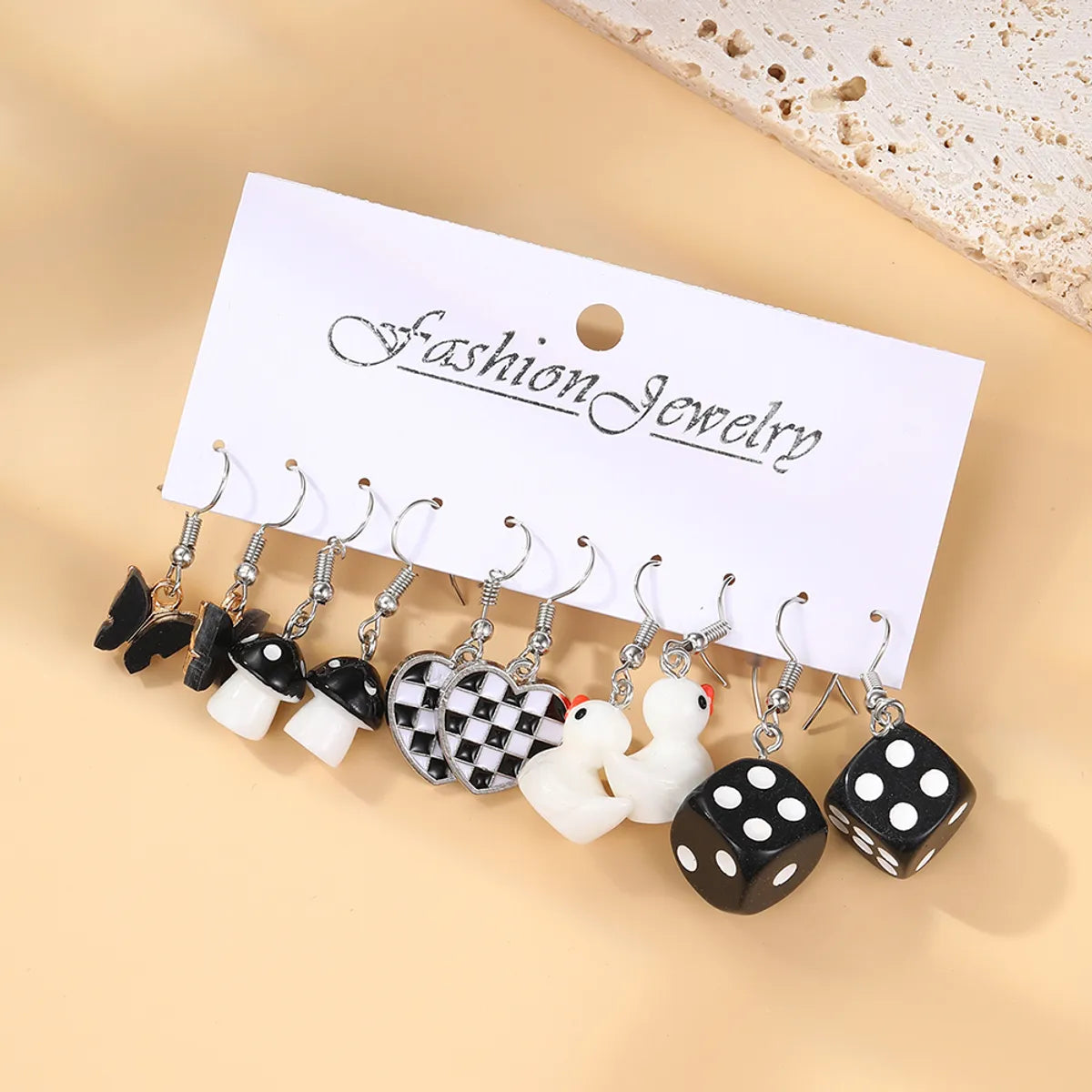 5 Pairs Retro Punk Heart Shape Butterfly Dice Alloy Drop Earrings