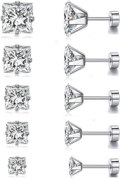 5 Pairs Simple Style Square Plating Stainless Steel Zircon Ear Studs