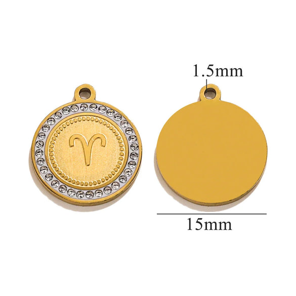5 PCS/Package 15mm Hole 1~1.9mm 304 Stainless Steel Zircon 18K Gold Plated Constellation Pendant