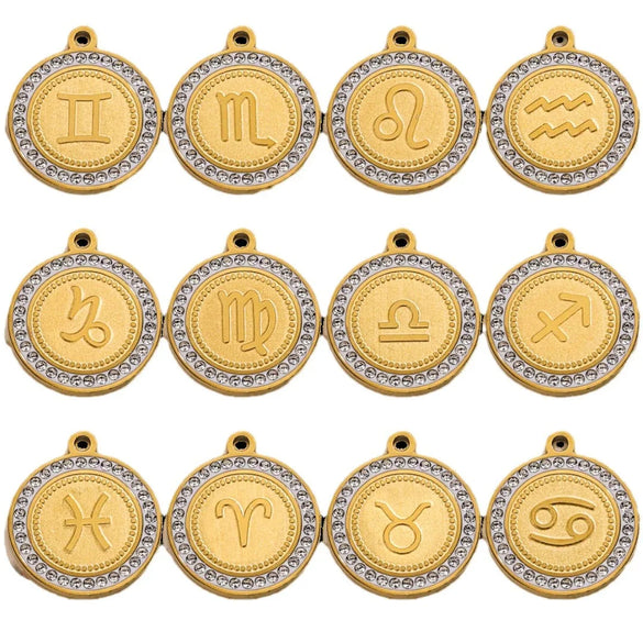 5 PCS/Package 15mm Hole 1~1.9mm 304 Stainless Steel Zircon 18K Gold Plated Constellation Pendant