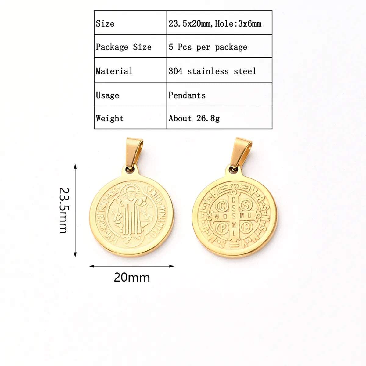 5 PCS/Package 23.5x20mm 31x28.5mm 39x36mm 3x6mm 4.5x6mm 4x7mm 304 Stainless Steel Gold Plated Faith Cross Round Polished Pendant