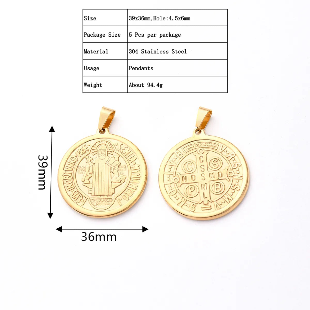 5 PCS/Package 23.5x20mm 31x28.5mm 39x36mm 3x6mm 4.5x6mm 4x7mm 304 Stainless Steel Gold Plated Faith Cross Round Polished Pendant