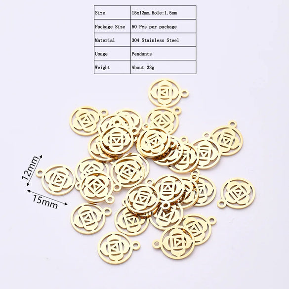 50 PCS/Package 12 * 15mm Hole 1~1.9mm 304 Stainless Steel Gold Plated Geometric Circle Flower Polished Pendant