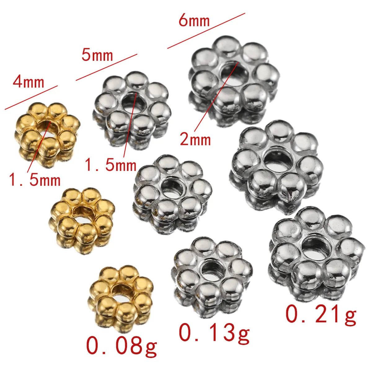 50 PCS/Package Diameter 4mm Diameter 5mm Diameter 6 Mm Hole 1~1.9mm Hole 2~2.9mm 304 Stainless Steel 18K Gold Plated Flower Polished Spacer Bars