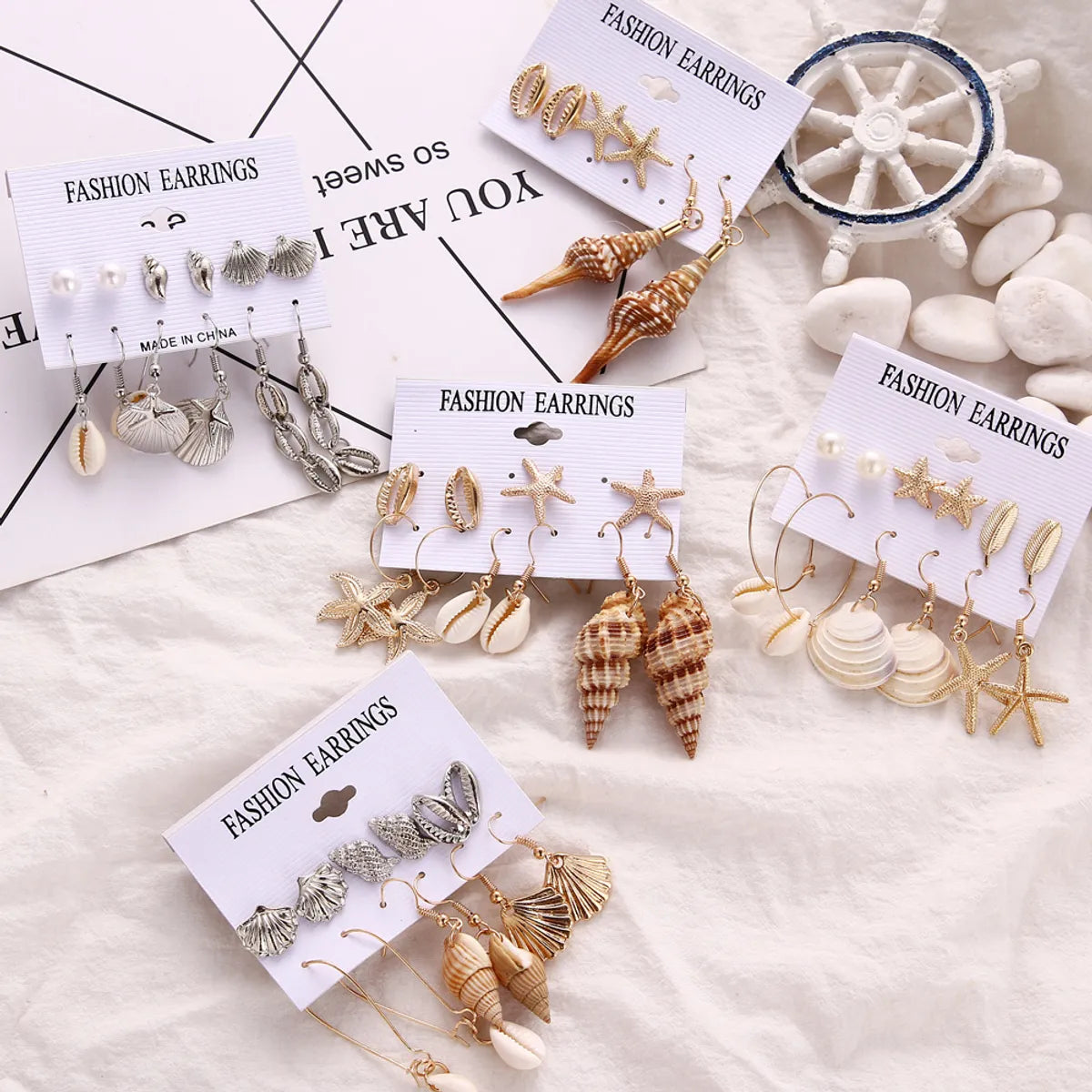 6 Pairs Beach Geometric Alloy Plating Artificial Pearls Shell Women's Earrings