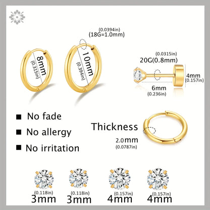 6 Pairs Lady Solid Color Plating Inlay Stainless Steel Zircon 14k Gold Plated Ear Studs