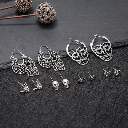 6 Pairs Punk Skull Plating Alloy Drop Earrings Ear Studs