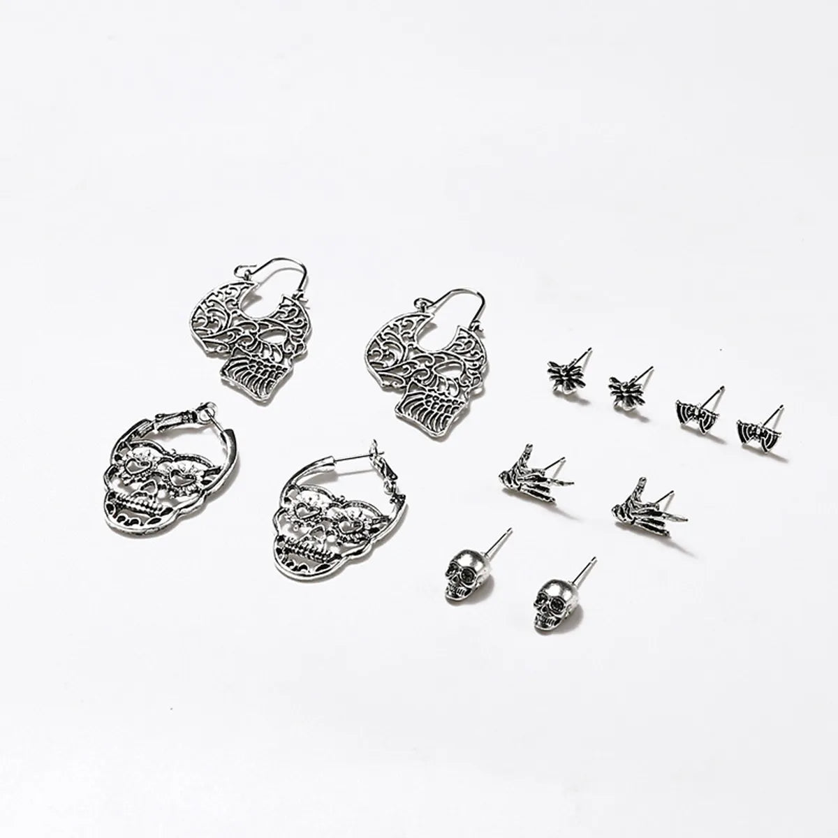 6 Pairs Punk Skull Plating Alloy Drop Earrings Ear Studs