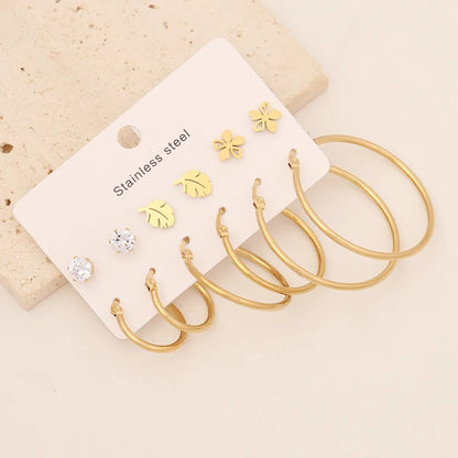 6 Pairs Simple Style Commute Star Heart Shape Butterfly Inlay Stainless Steel Zircon Earrings