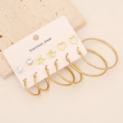 6 Pairs Simple Style Commute Star Heart Shape Butterfly Inlay Stainless Steel Zircon Earrings