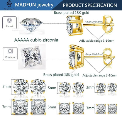 6 Pairs Simple Style Geometric Inlay Brass Zircon 18k Gold Plated Ear Studs