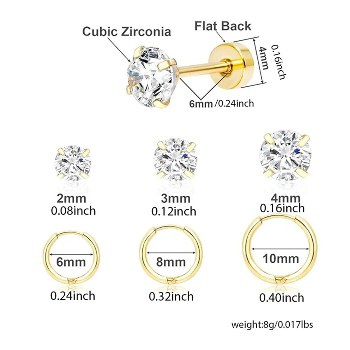 6 Pairs Simple Style Geometric Plating Inlay Stainless Steel Zircon 14k Gold Plated Earrings