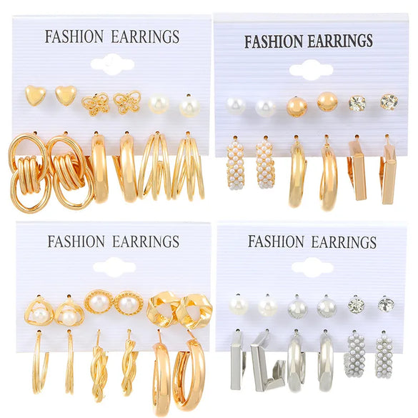 6 Pairs Streetwear Round Plating Inlay Alloy Artificial Pearls Hoop Earrings Ear Studs